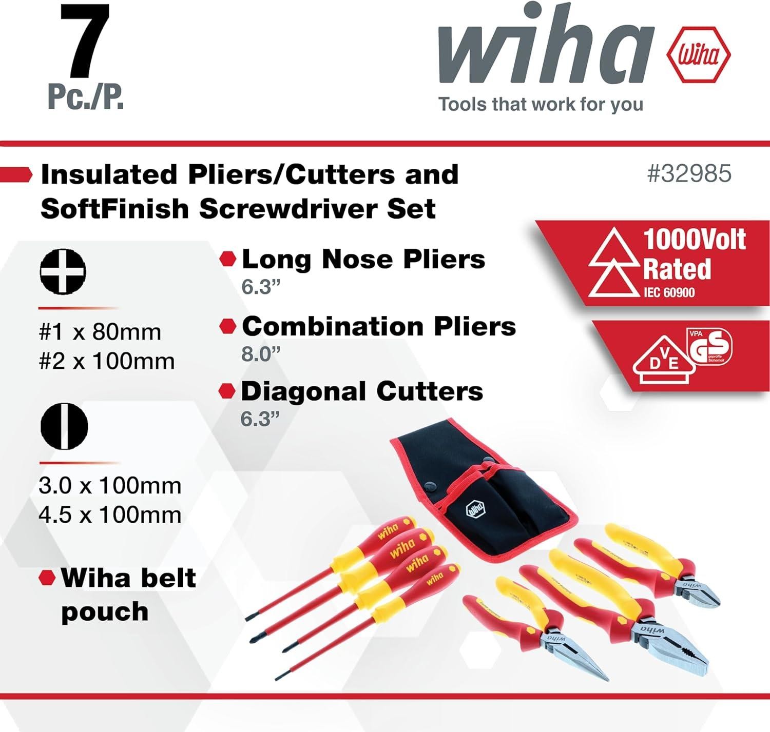 Wiha Insulated Industrial Pliers and Screwdriver Set – 7 Piece Set