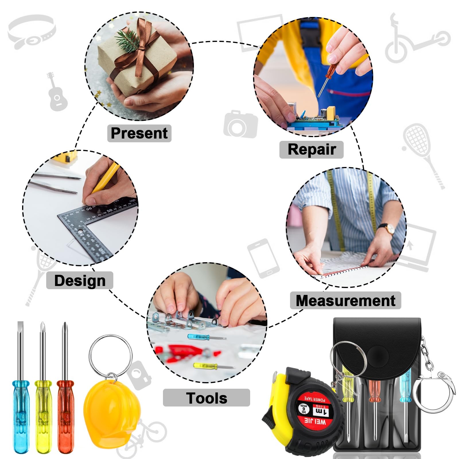 108 Pcs Mini Construction Helmet Keychains Tape Screwdrivers Tool Adult Men Gift