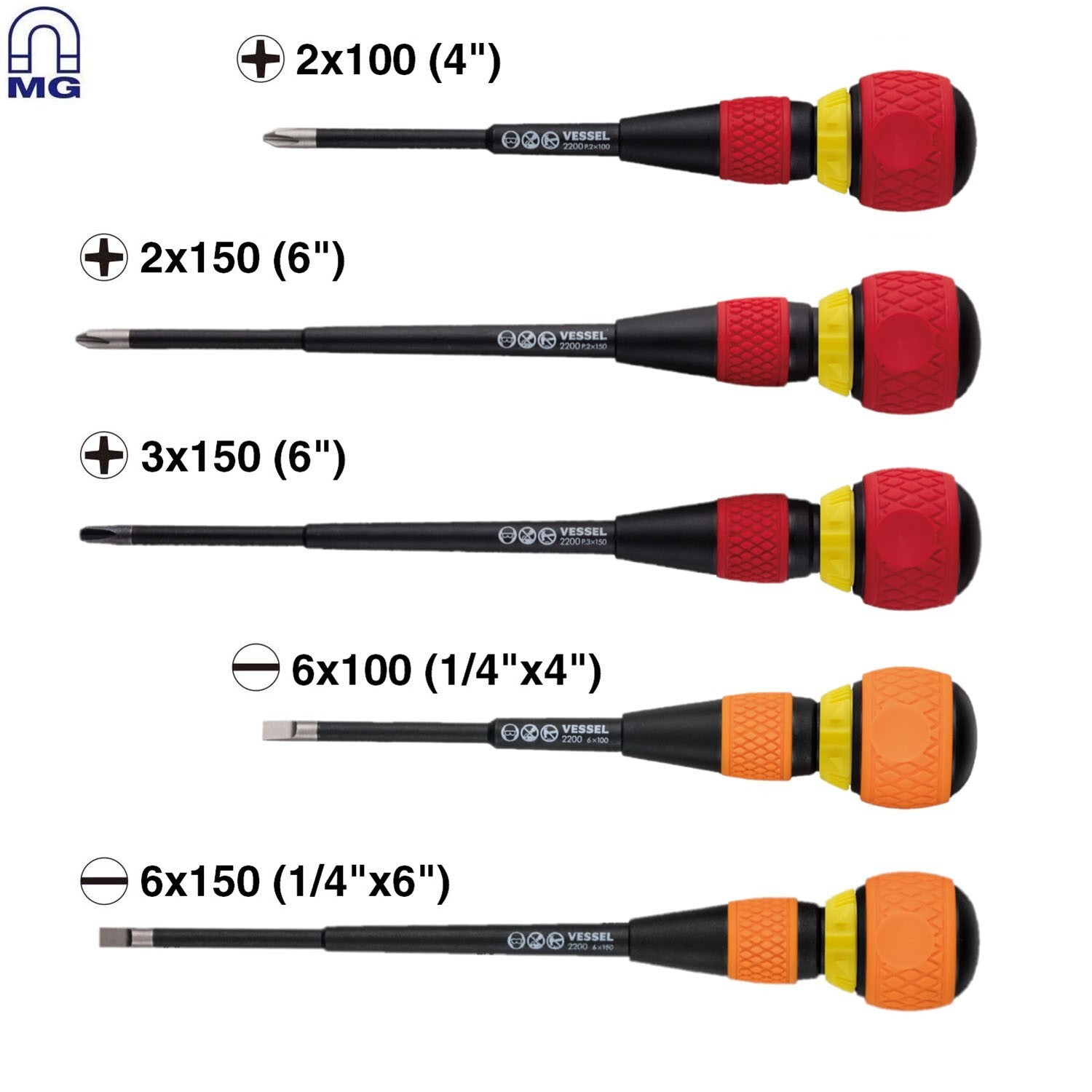 Vessel Ball Grip Ratcheting Screwdriver Set 5pc Phillips Slotted Flat JAPAN