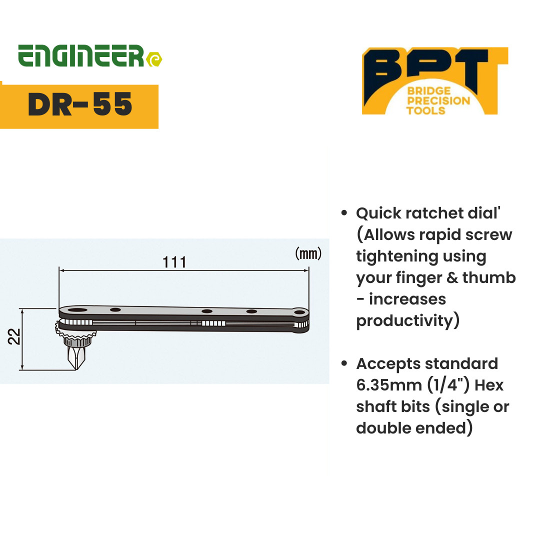 ENGINEER DR-55 Offset Ratchet Driver with 4-in-1 bit set and included bit holder