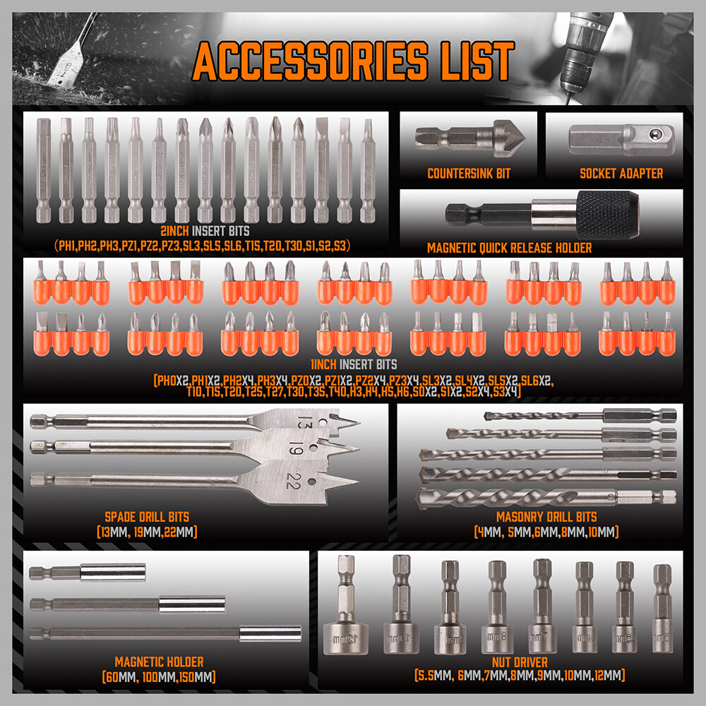 HORUSDY 112PC Impact Drill Bits & Screwdriver Set 1/4″ Hex for Wood Metal Cement