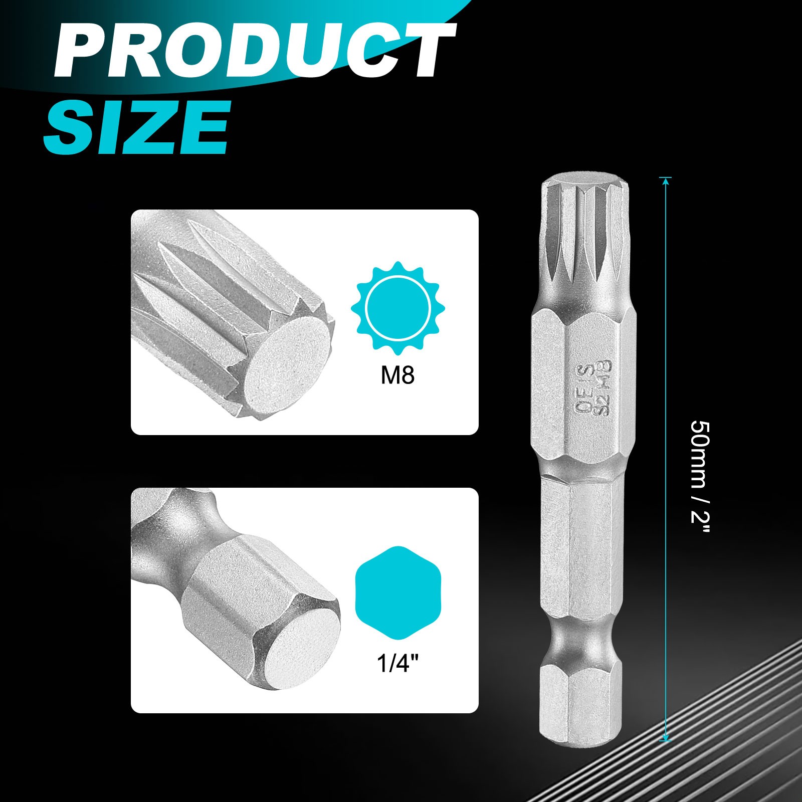 2pcs M8 Triple Square Spline Bit 1/4″ Hex Shank 2″ Long Magnetic No Hole Tip
