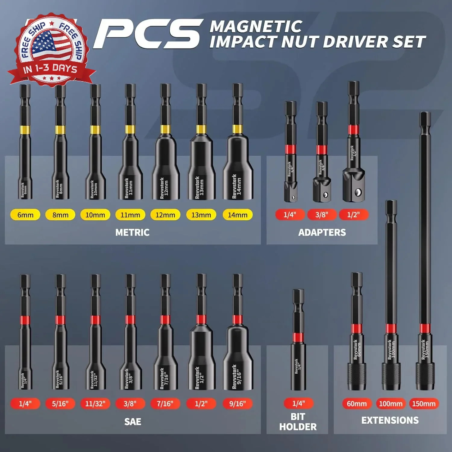 21PCS Magnetic Nut Driver Set for Impact Drill, Driver Bit Set 1/4″, Metric & SA