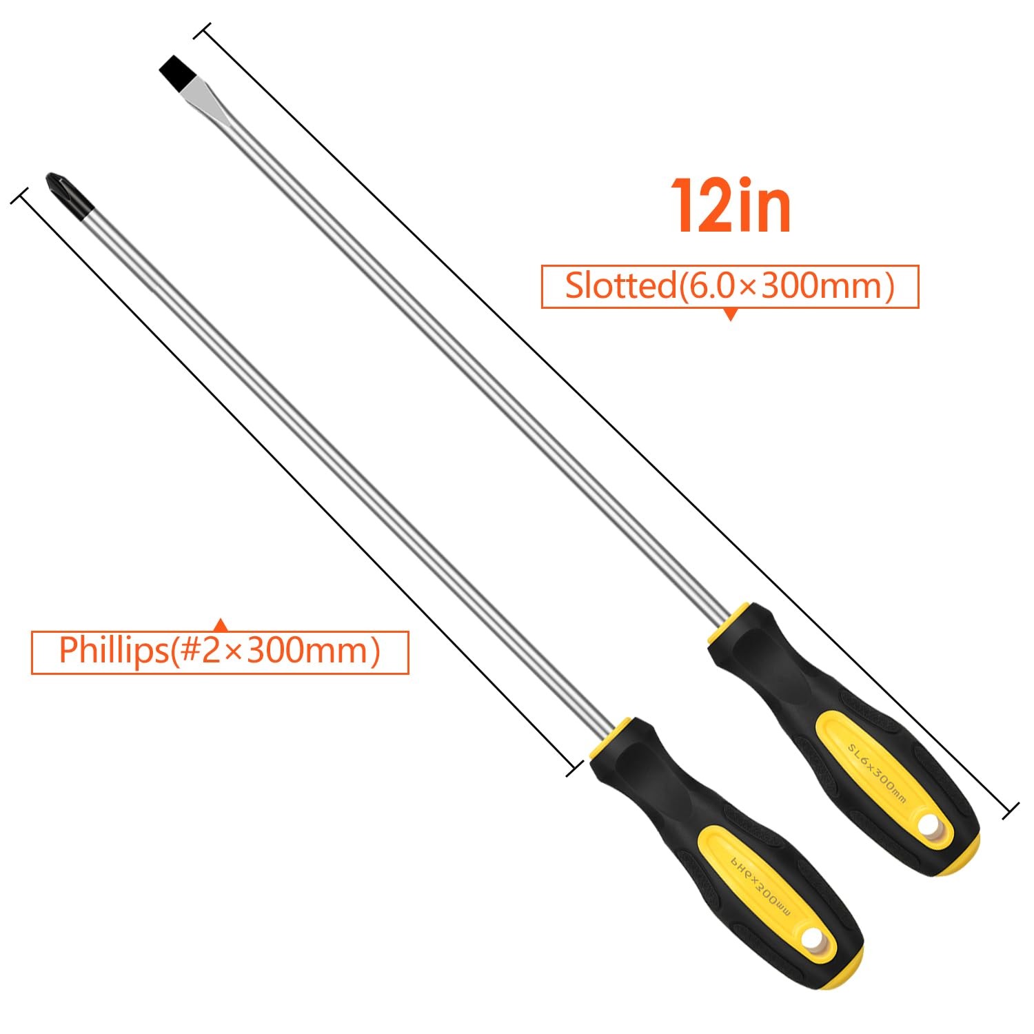 2pcs Long Magnetic Screwdriver Set, 12in Extra Long Phillips and Slotted