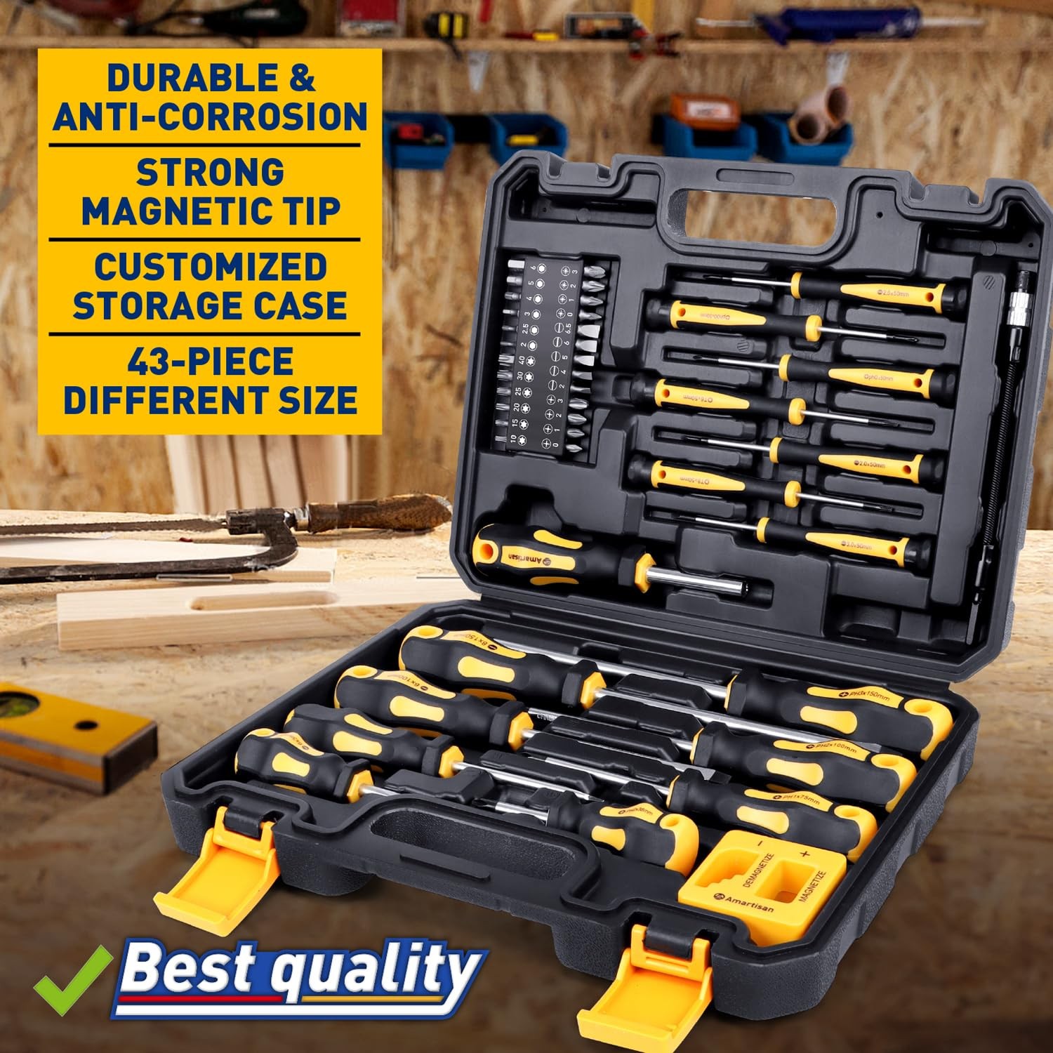 Magnetic Screwdrivers Set with Case, Amartisan 43-piece Includs Slotted, Phillip