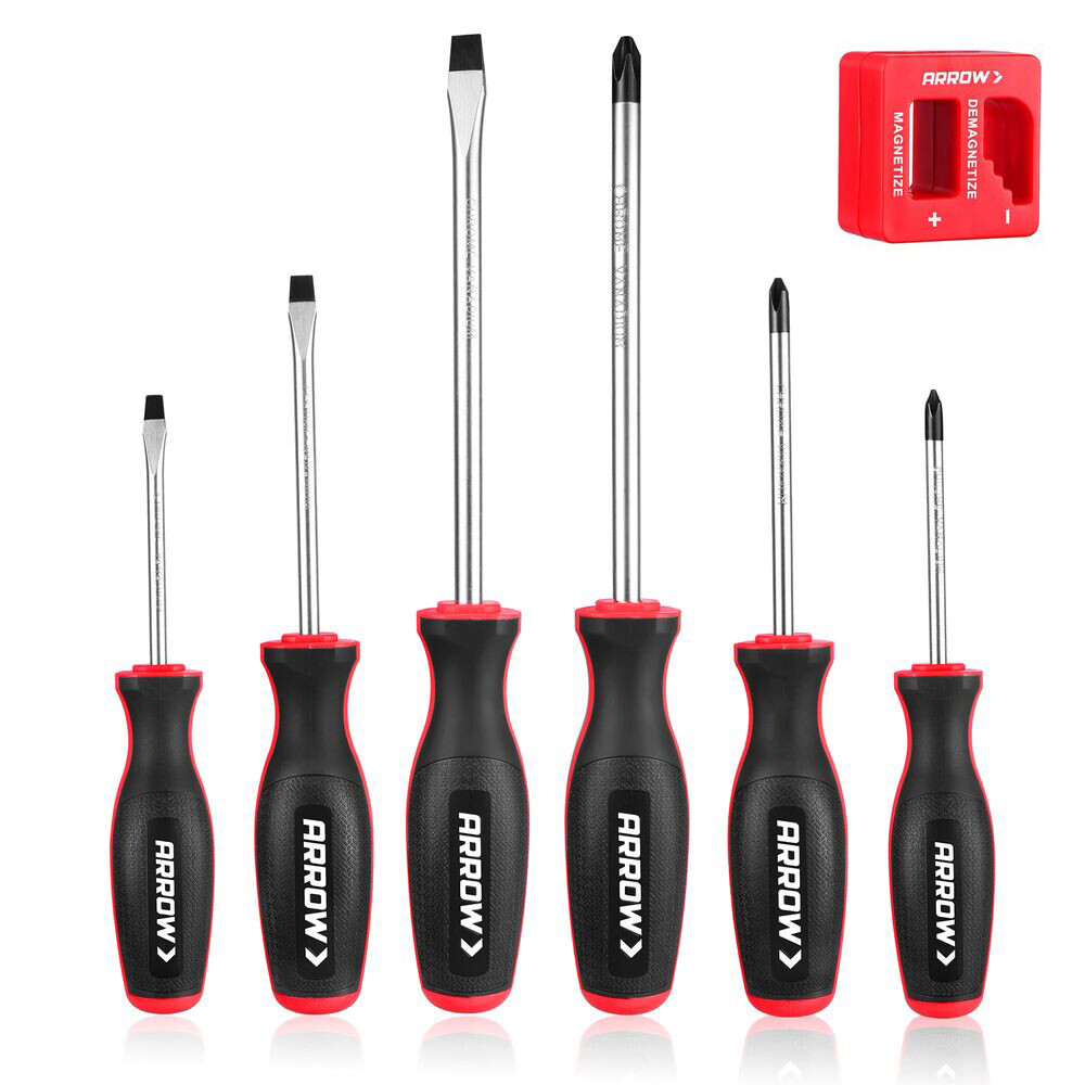 ARROW 6PC Magnetic Screwdriver Set Magnetizer/Demagnetizer Phillips Flathead Tip