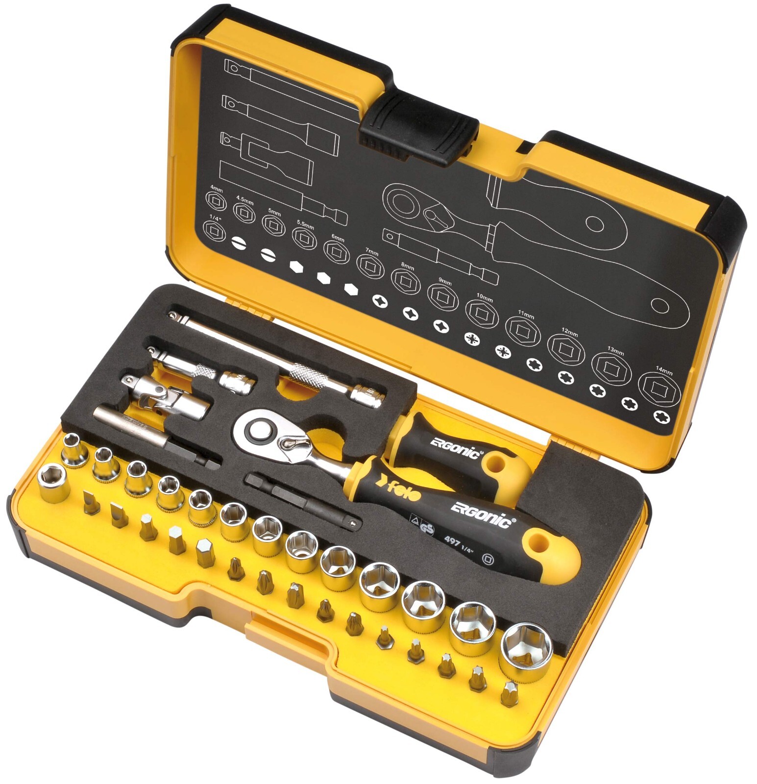 Felo – “R-GO XL” – Tool Set 1/4″ with ERGONIC Ratchet, Bits, Sockets and Accs.