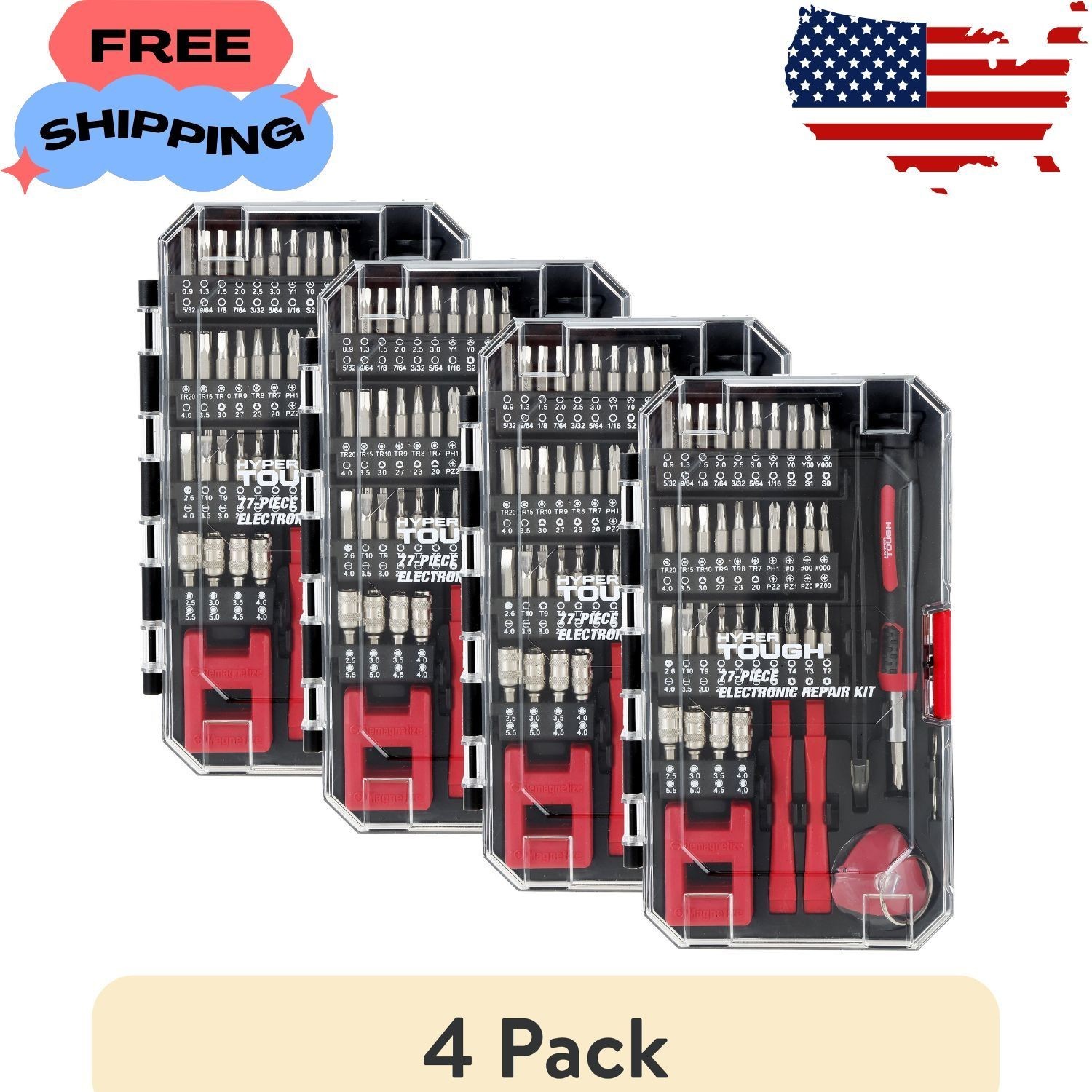 4 pack 77 Piece Precision Tool Kit with Magnetic Screwdriver, Standard Size Bits