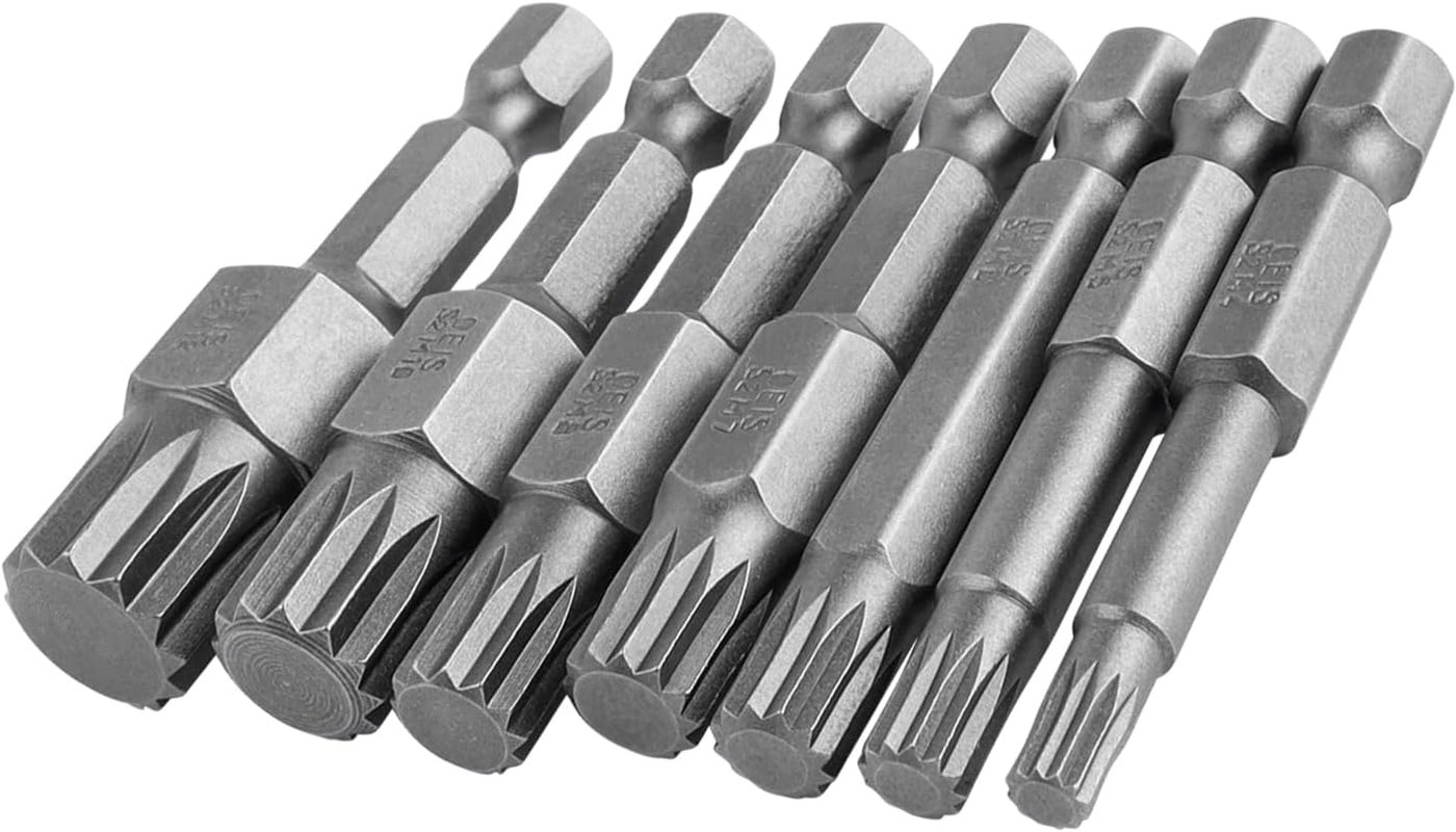 7 Pieces 50Mm Triple Square Spline Bit Set Quick Change 1/4″ Hex Shank 12-Point