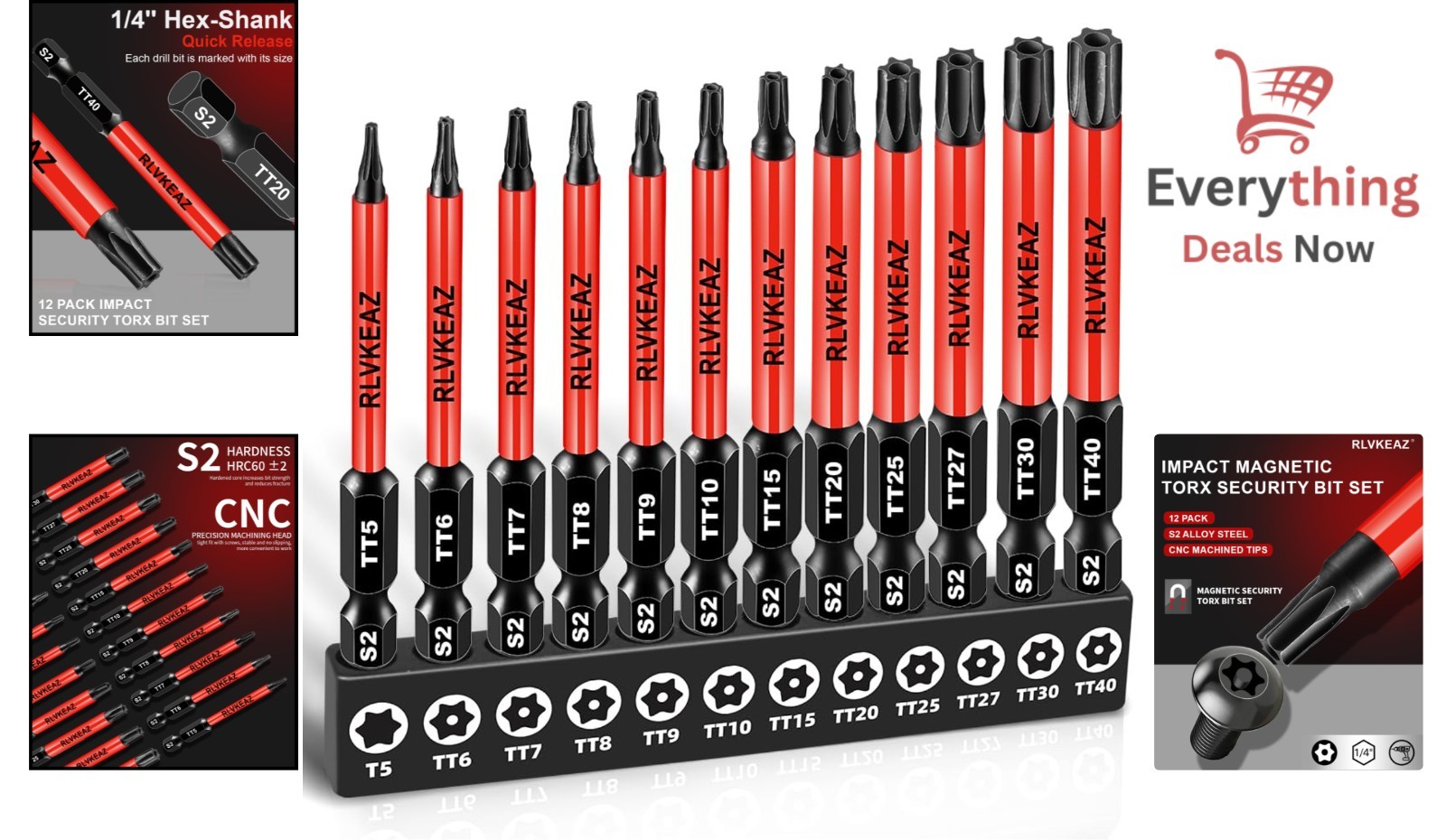 12pc Impact Security Torx Bit Set T5-T40 S2 Steel 3″ Tamper Proof Star Bits 1/4″