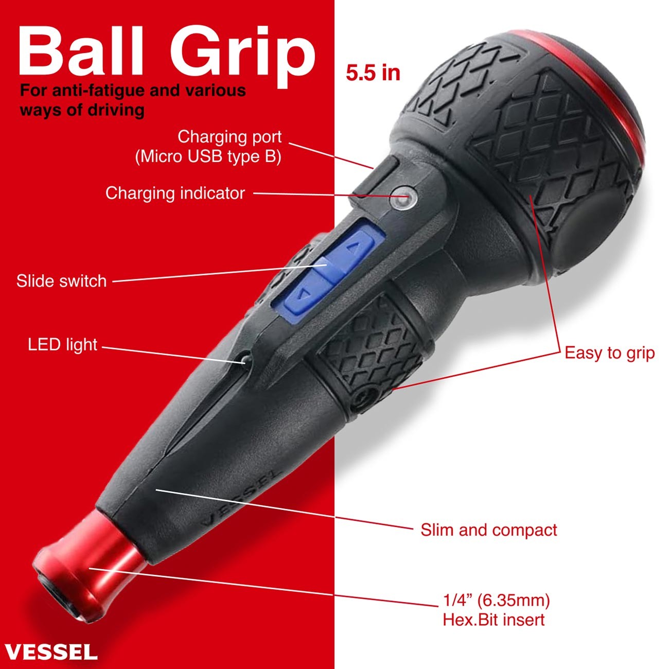Vessel Tools VST-220USB1U Ball Grip Cordless Screwdriver
