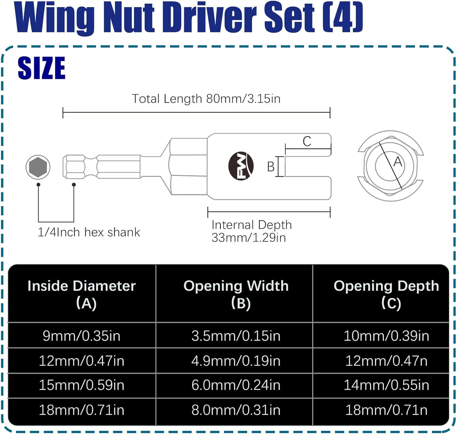4-Piece Wing Nut Driver Set with 1/4″ Hex Shank, CR-V Steel Sockets