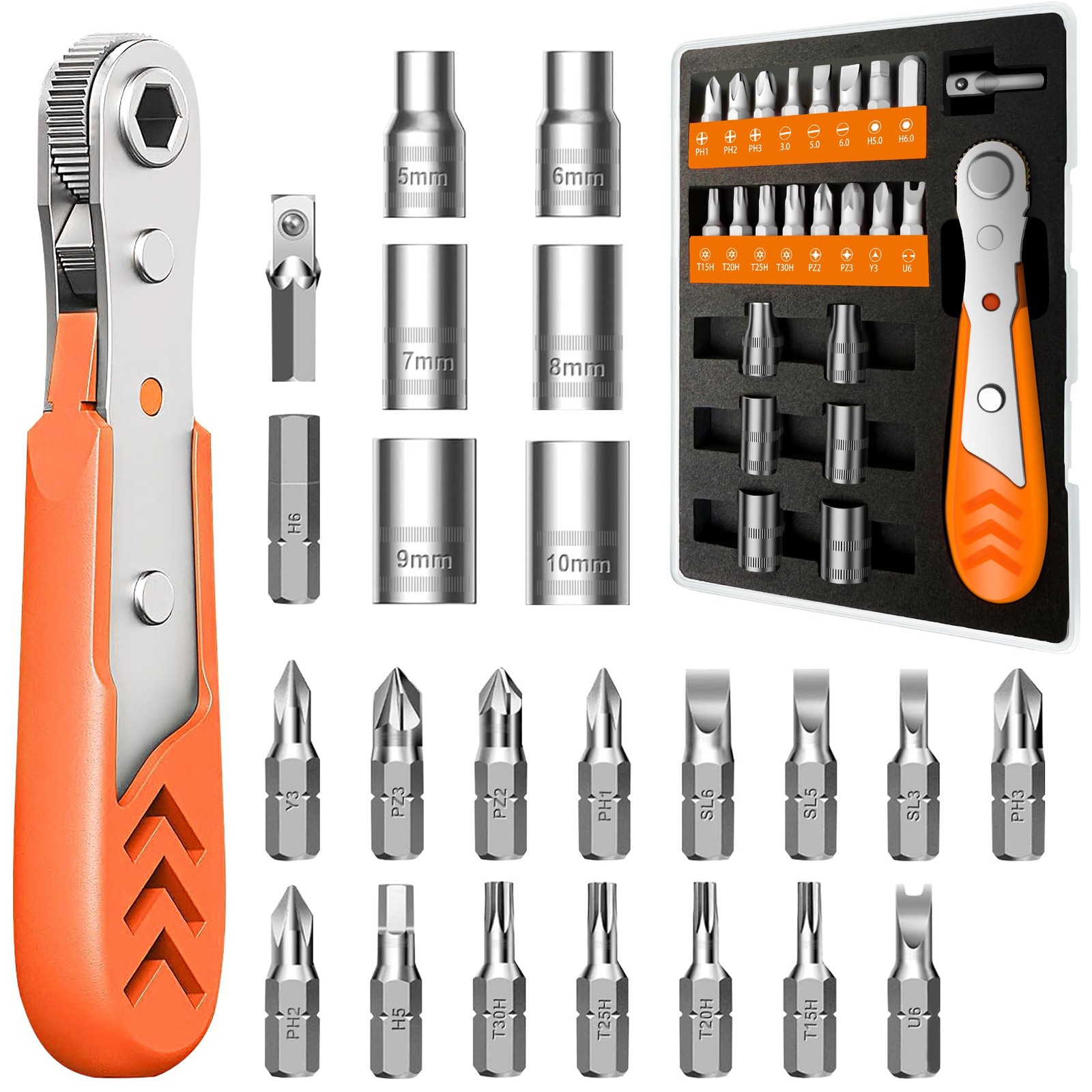 TUOLEWE 24 in 1 Right Angle Ratcheting Screwdriver Set for tight Black+orange