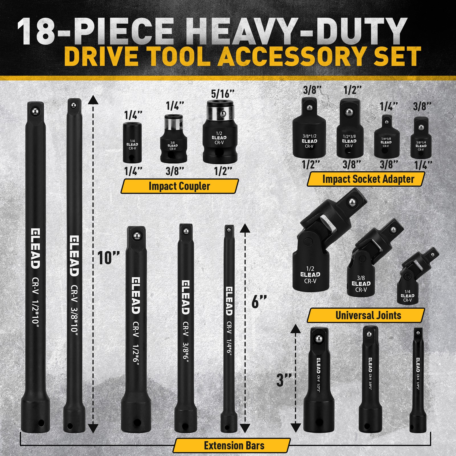 18PC Impact Socket Extension Bar Set Socket Adapter Swivel Joints 1/4″ 3/8″ 1/2″