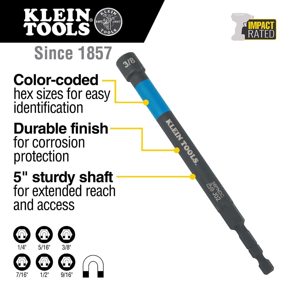 Klein Tools Magnetic Color Coded Nut Setters 5 Inch Extended Reach Hex 6 Sizes