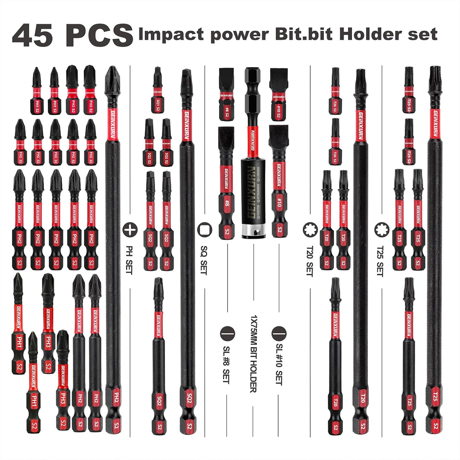 Impact Tough Magnetic Mixed 45Pack Insert Driver Bits, S2 Alloy Steel