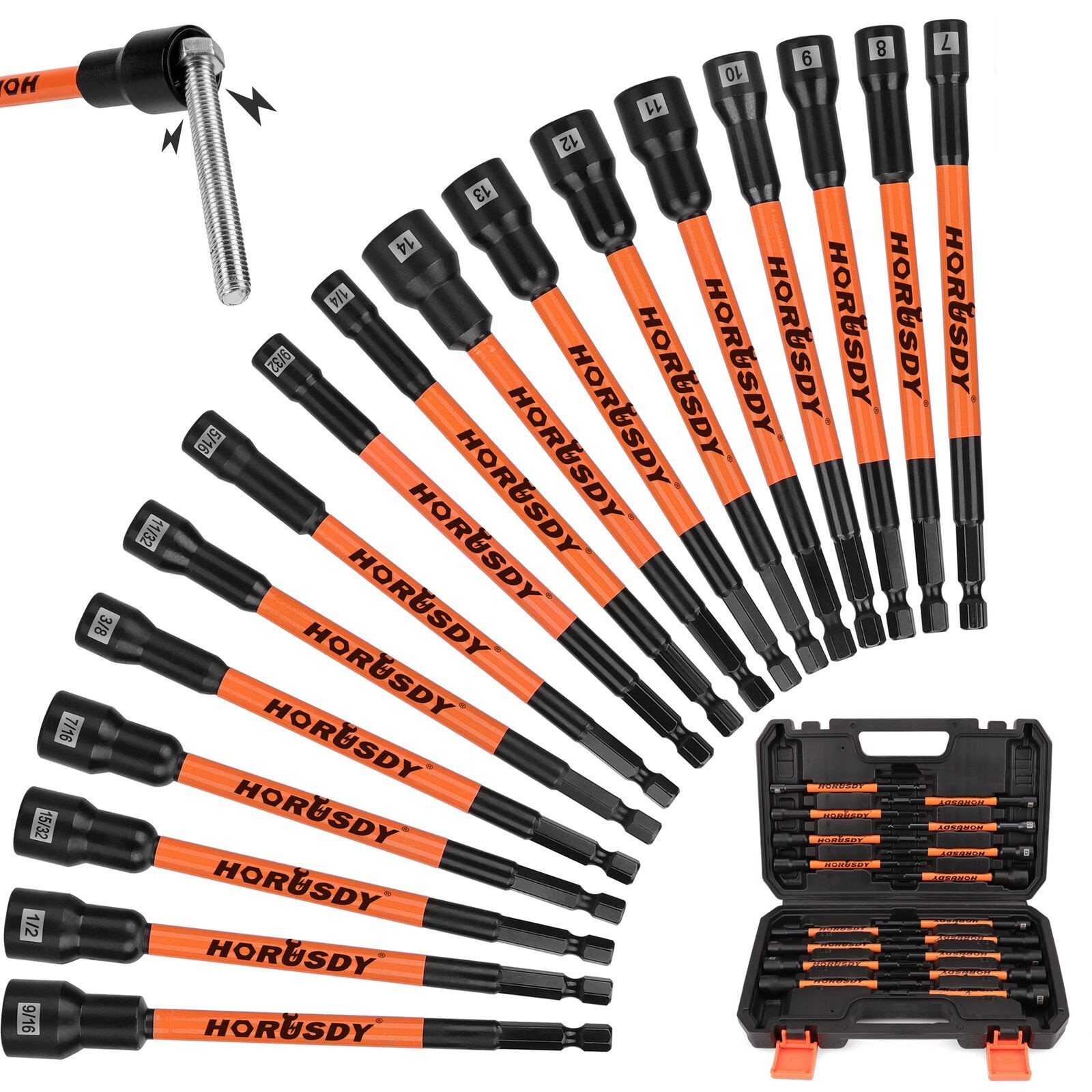 17PC Impact Magnetic Nut Drivers Set SAE & Metric Extra Long 1/4″ Hex Shank Case