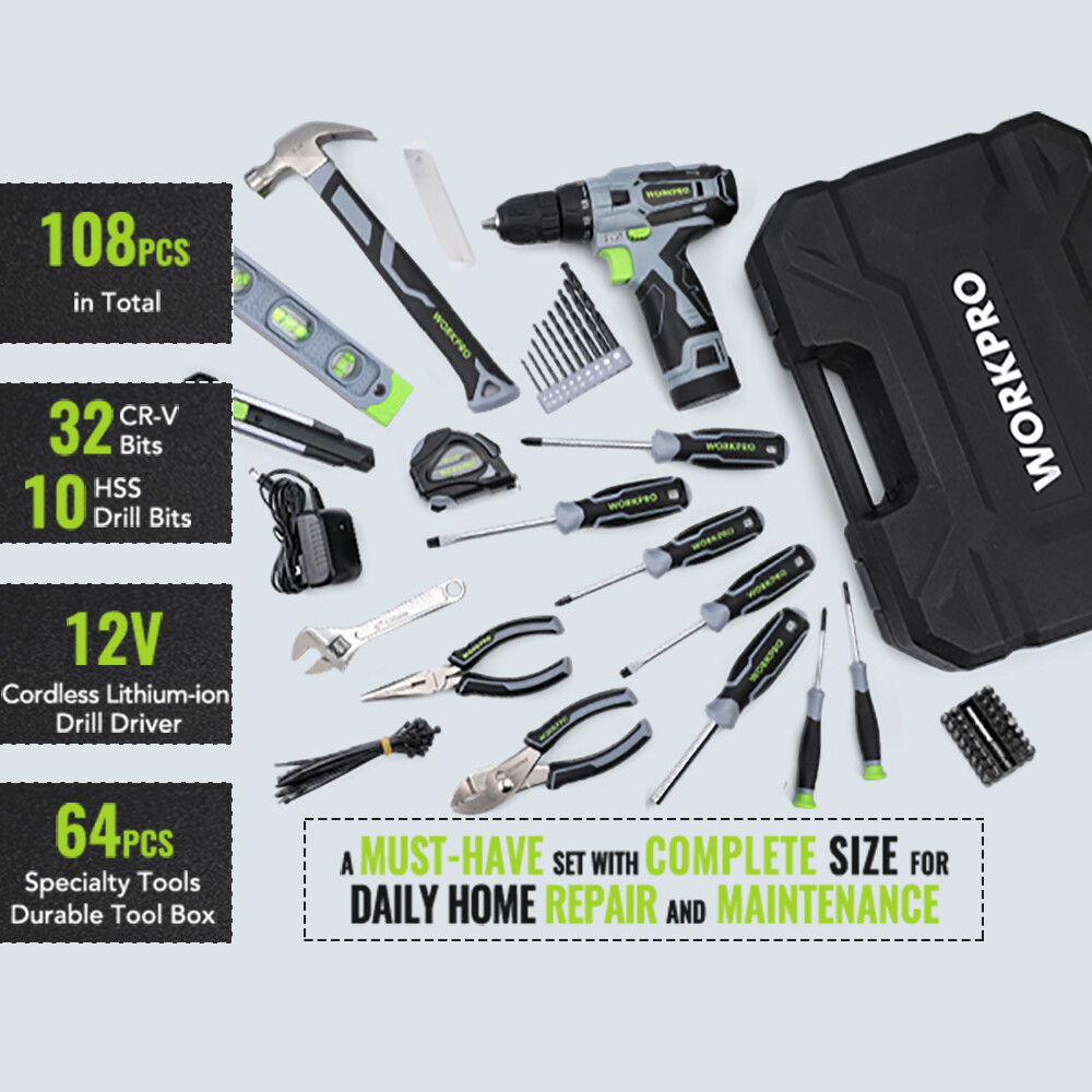 WORKPRO 108PCS Home Tool Kit with Drill 12V 1.5 Ah Powered Screwdriver Tool Kits