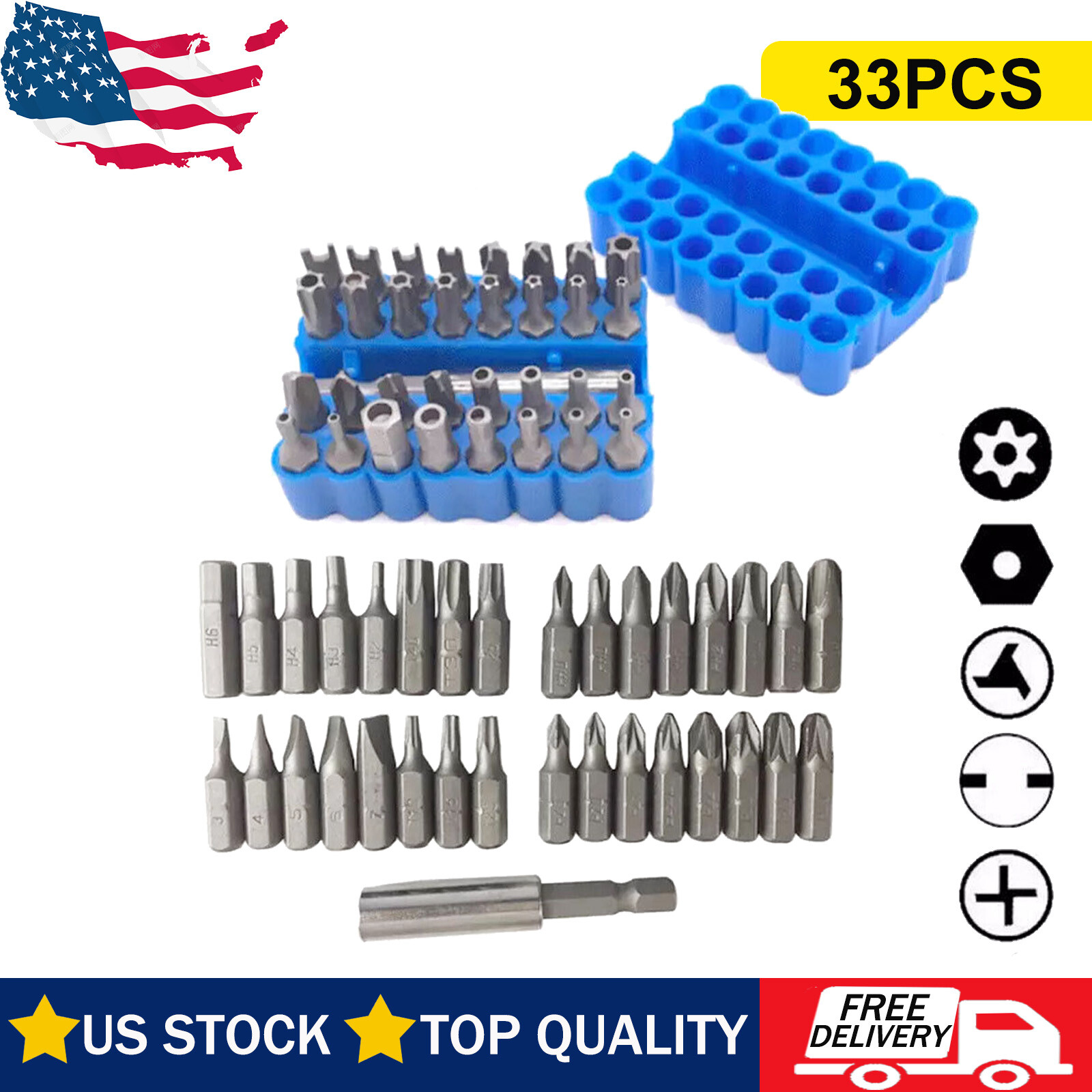 33PCS Hex Head Drill Bit Set w/ 1/4″ Extension Bit Holder Screwdriver Bit Set