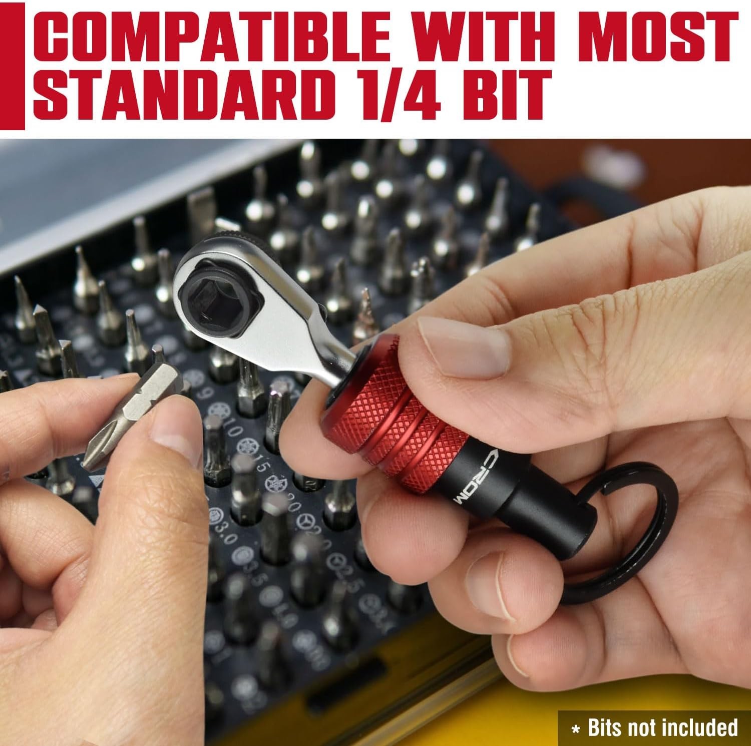 CROM EDC Mini Ratchet Wrench – 1/4-Inch Hex End Multitool Accessory with Bit H
