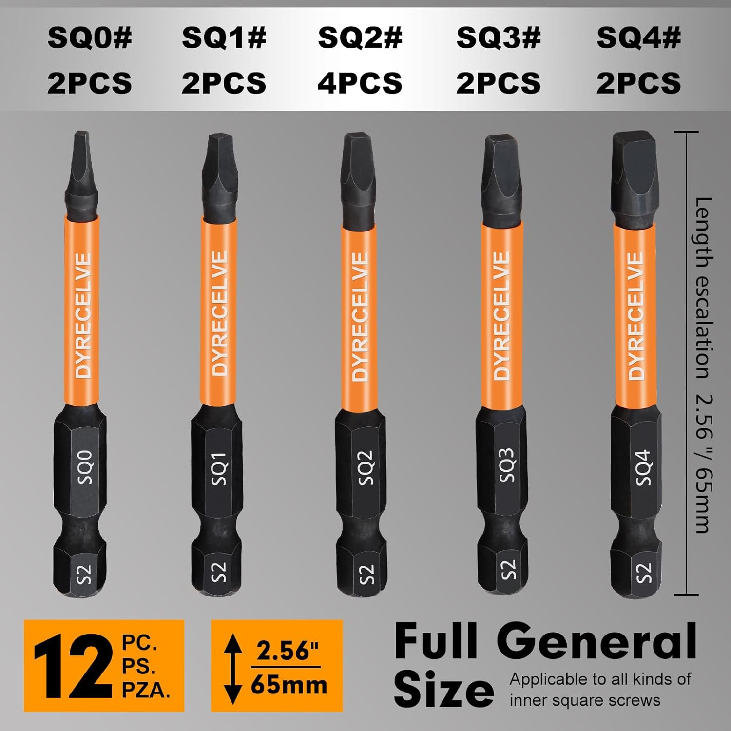12-Pack Square Drive Bit Set, Magnetic Impact Screwdriver Bits | S2 Steel 1/4″ H