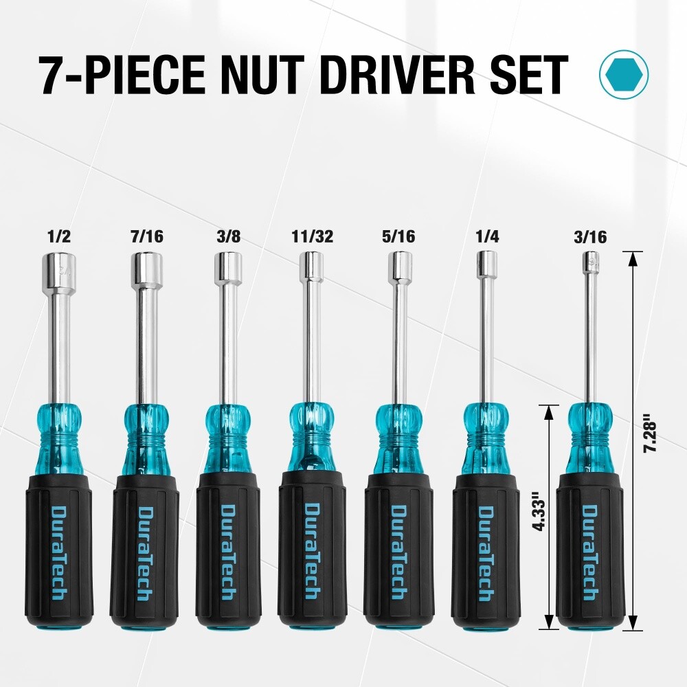 DURATECH 7PC SAE Nut Driver Set 11/32,3/8,3/16,1/4,5/16,7/16,1/2″ 1″ HollowShaft