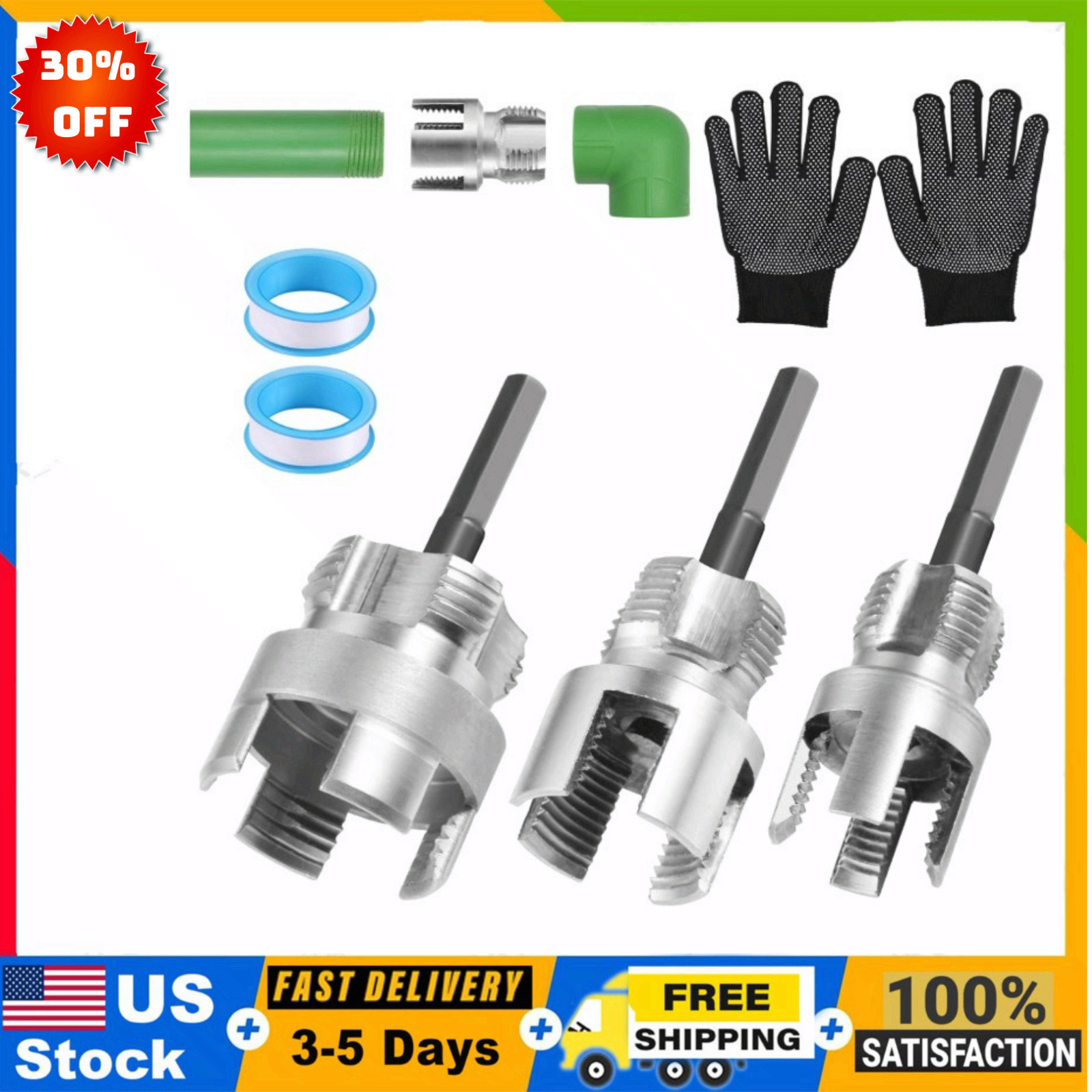 Kit roscador PVC 3 pcs 1/2 3/4 1 con extensión cinta y guantes