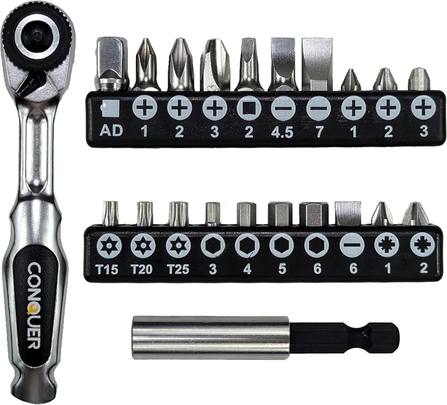 CONQUER 22pc 1/4 Ultra Low Profile Mini Ratchet Close Quarter Mini Screwdriver S