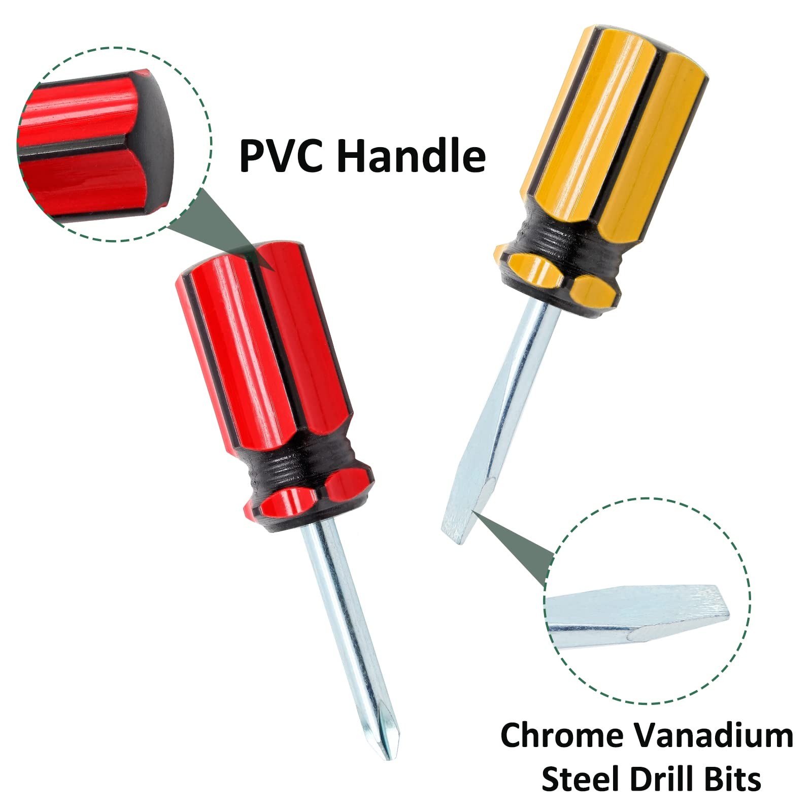 Waziaqoc 2PCS Short Phillips Head and Flathead Screwdrivers, Stubby Green,red