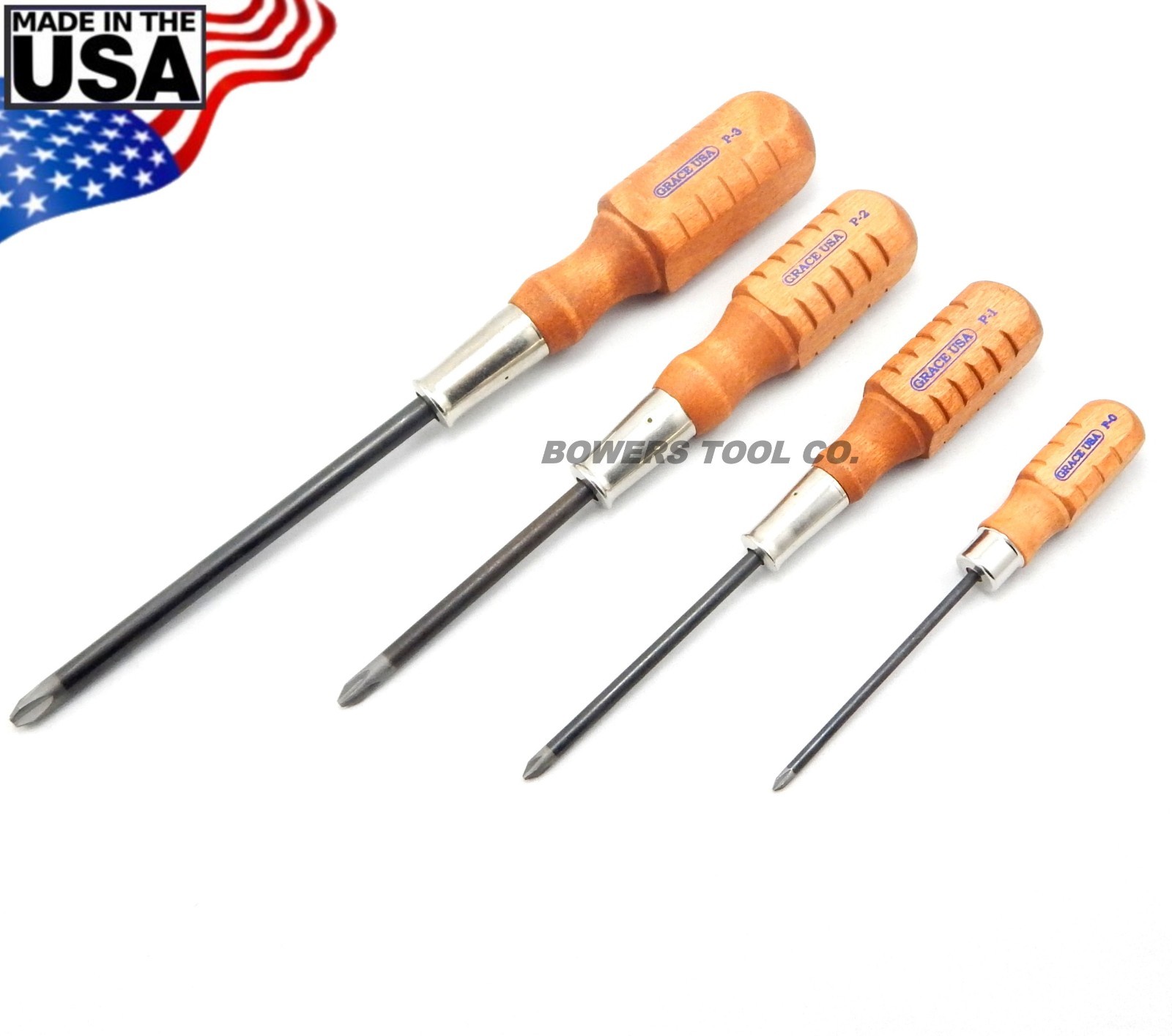 Grace 4pc Phillips Screwdriver Set P0 P1 P2 P3 Wood Handle Made in USA