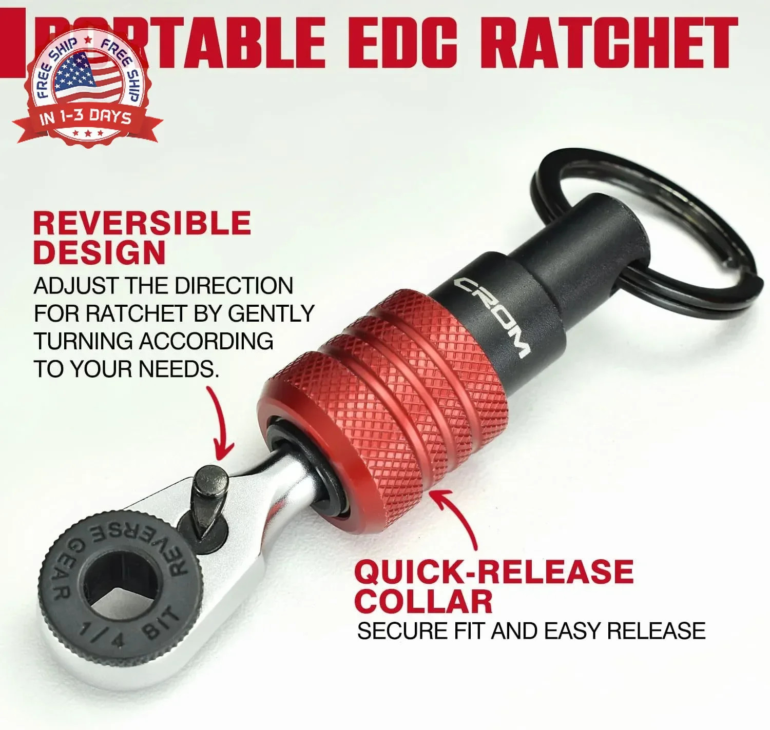 CROM EDC Mini Ratchet Wrench – 1/4-Inch Hex End Multitool Accessory with Bit Hol