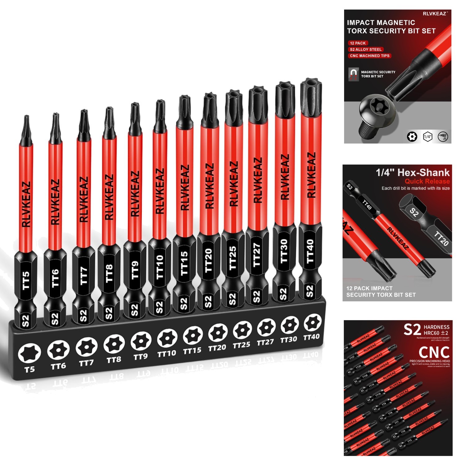 12pc Impact Security Torx Bit Set T5-T40 S2 Steel 3″ Tamper Proof Star Bits 1/4″
