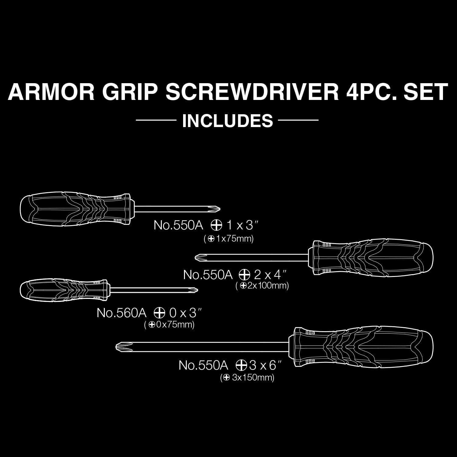 ARMOR GRIP™ Screwdriver Cross Point 4PC. Set (JISDRIVE) No.550APH4PBU