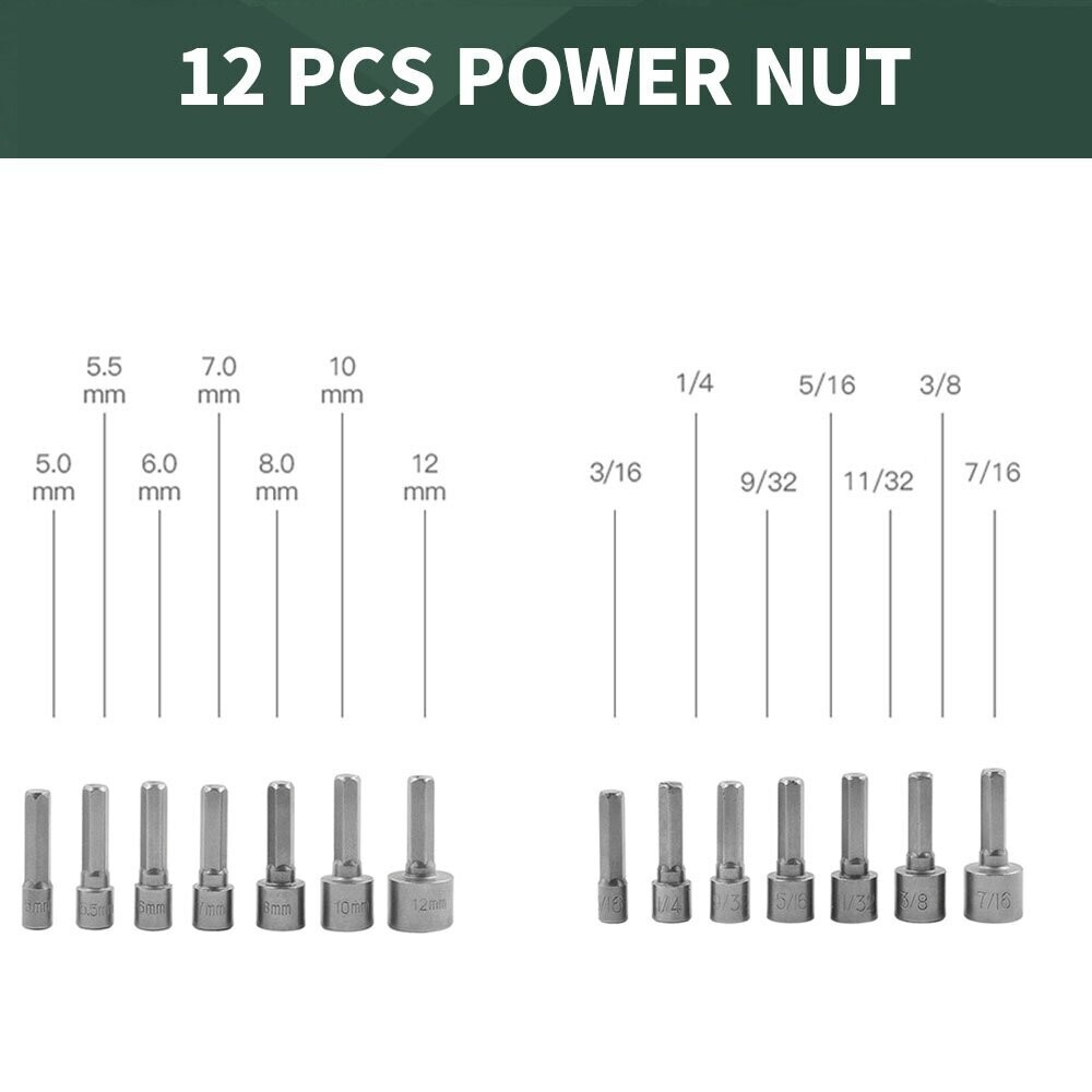 28Pcs Power Nuts Driver Drill Bit Set Metric Socket Wrench 1/4” Driver Hex Keys
