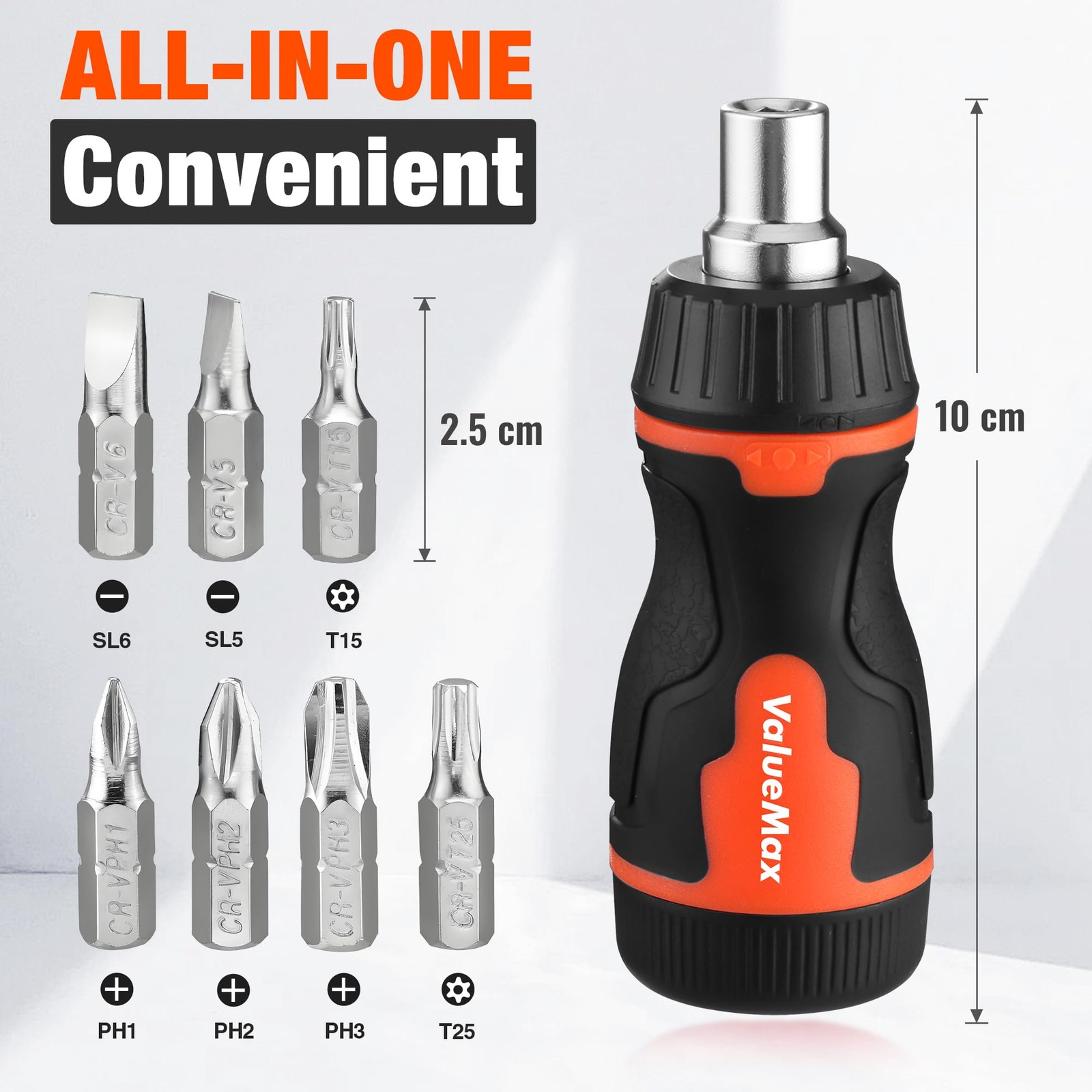 ValueMax 8-in-1 Stubby Ratcheting Screwdriver, Multi-bit Black & Orange