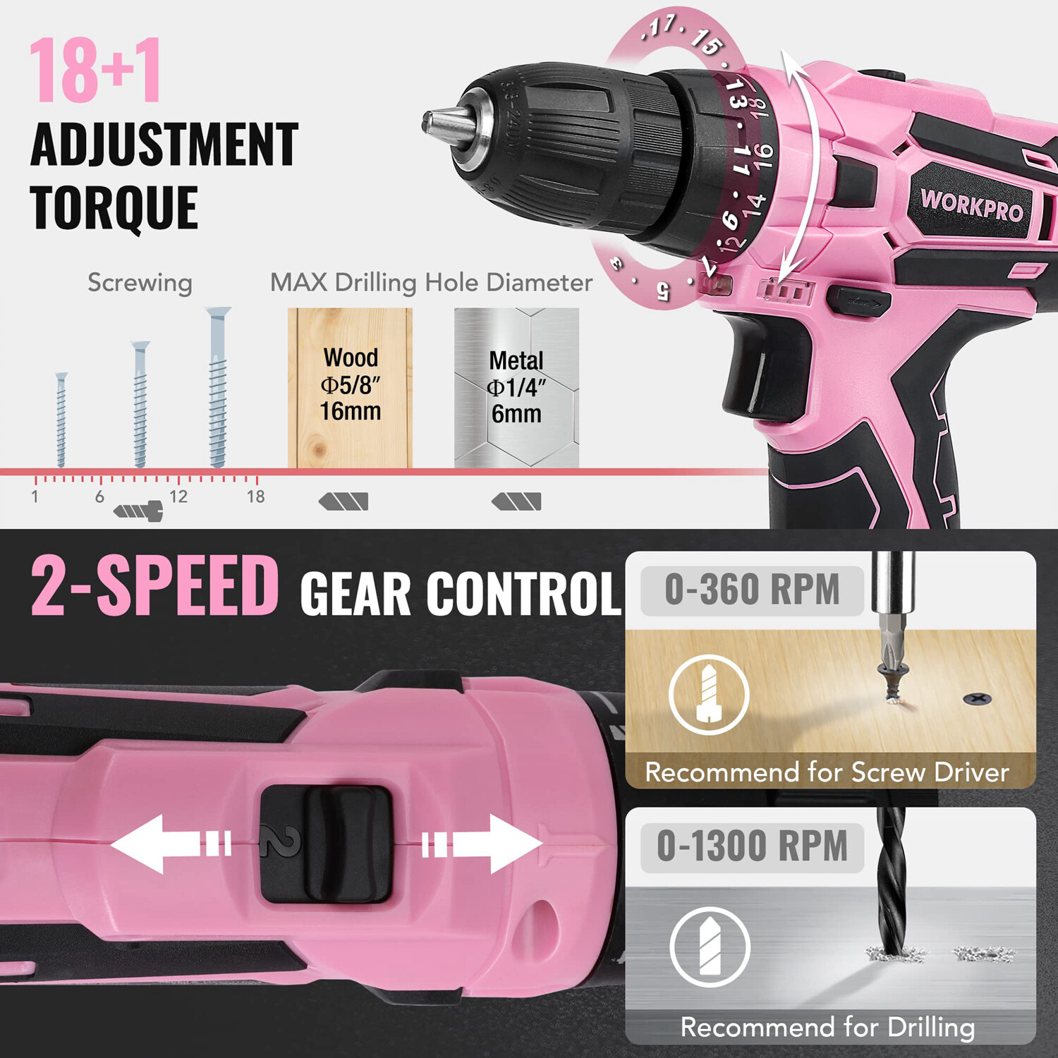 WORKPRO Pink Tool Set with Power Drill 108PCS Portable 1.5 Ah Cordless Drills