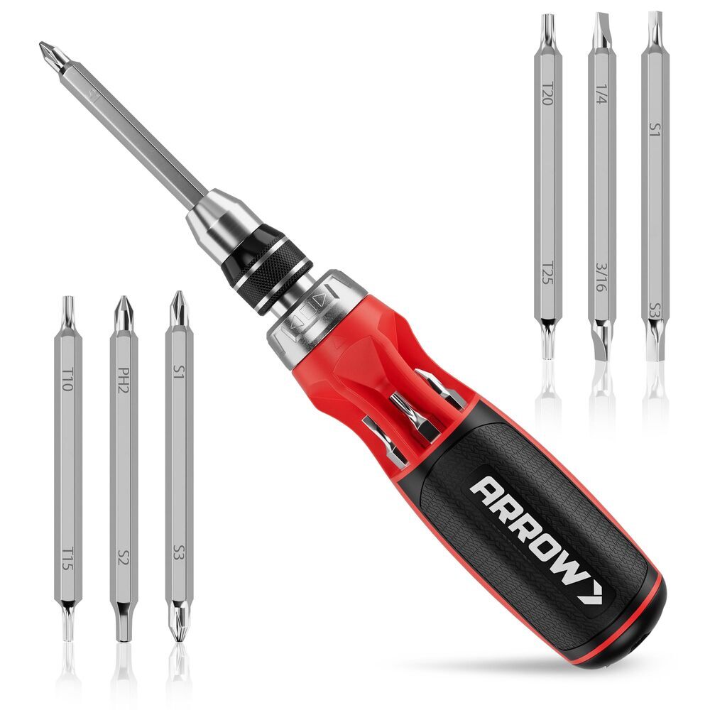 ARROW Multi Bit Ratcheting Screwdriver 12-IN-1 Stubby Ratchet Screwdriver w/Bits