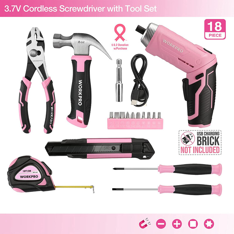 WORKPRO Electric Cordless Screwdriver Kit 18PC Home Tool Household Pink Tool Set