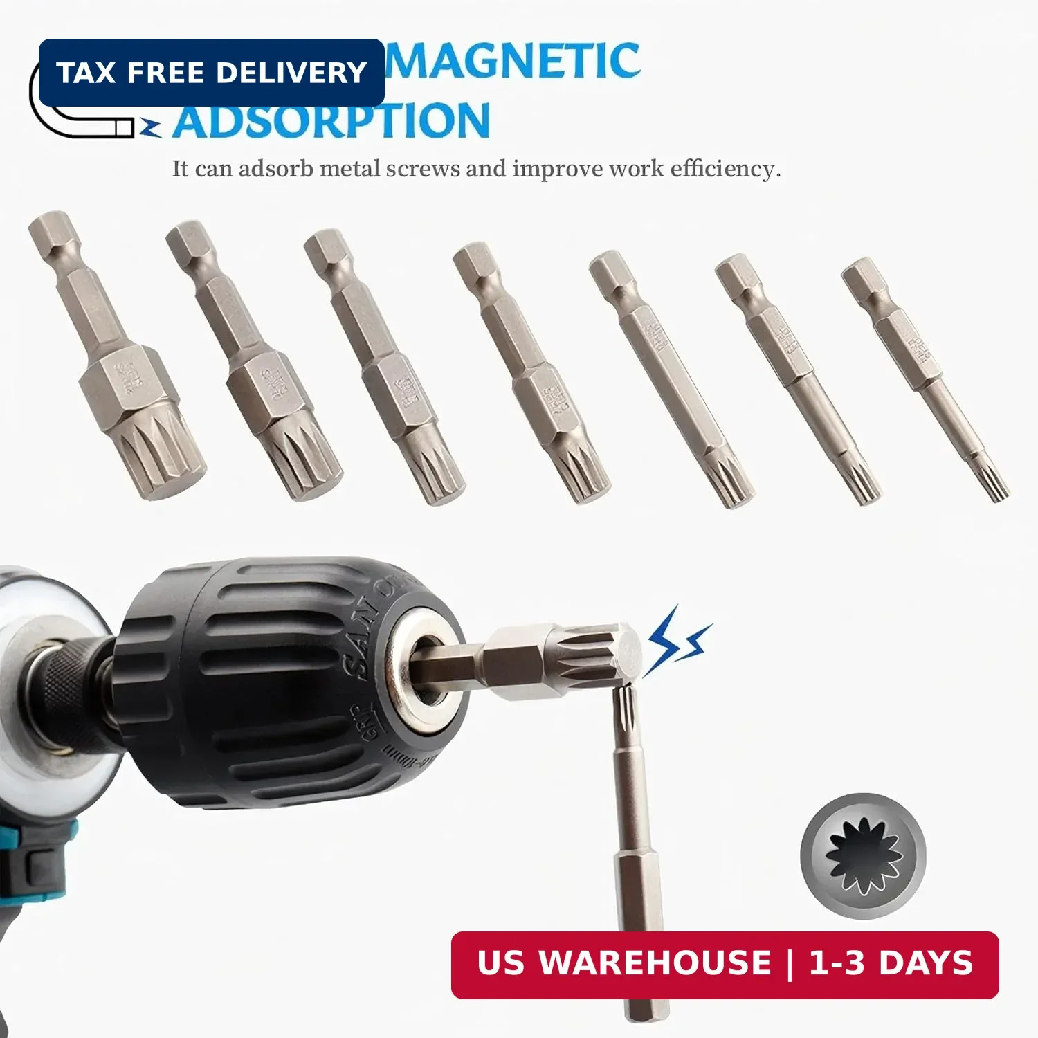 7 Pcs Besgle Triple Square Spline Bit Set, 1/4″ Hex Shank 12-Point Magnetic Torx