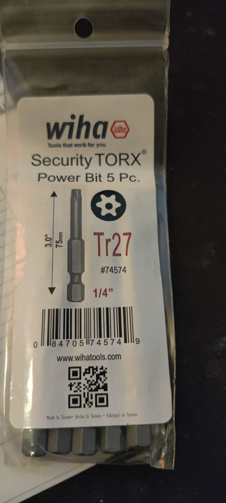 Wiha 74574 Security Torx Power Bit T27 x 75mm – 5 Pack