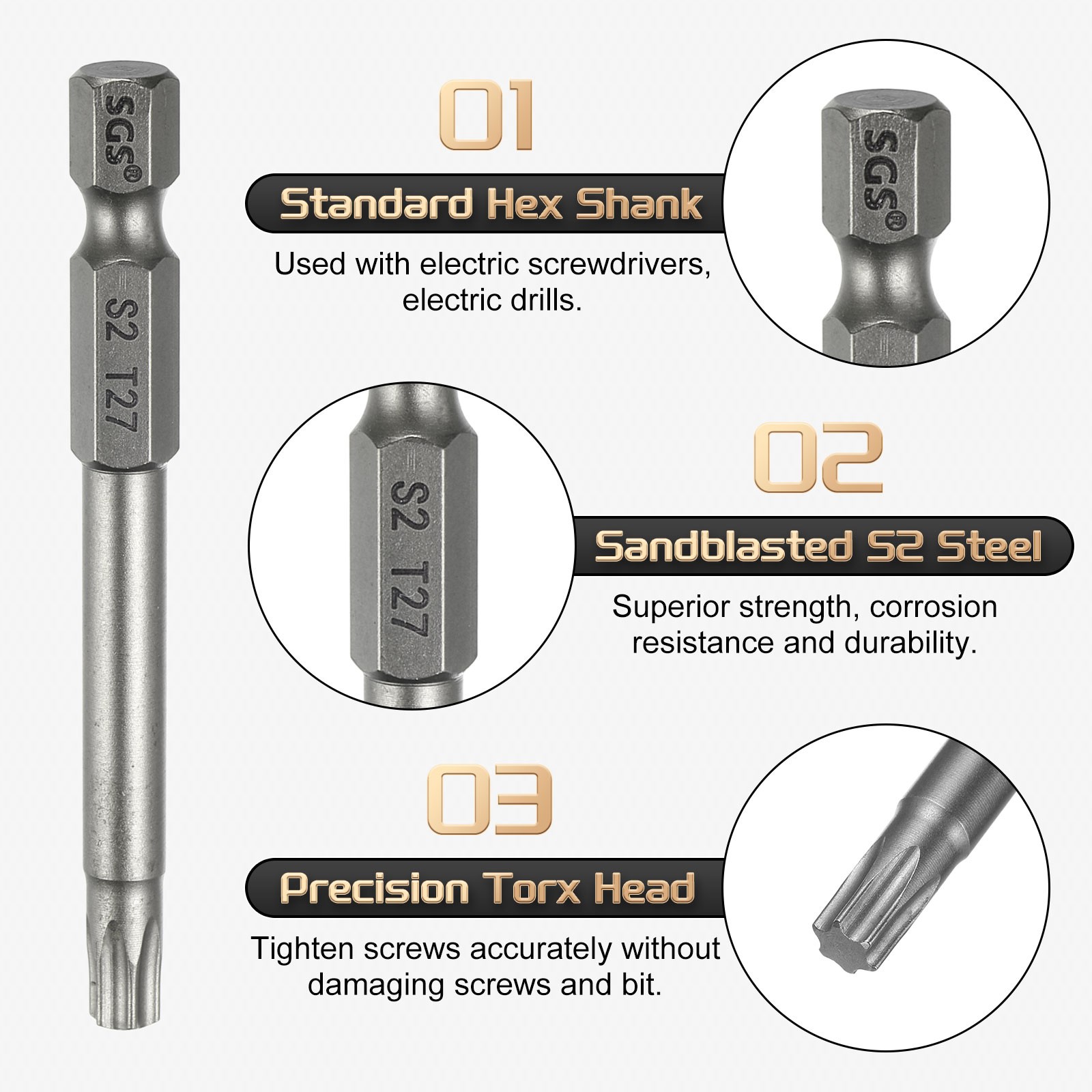 3Pcs, T27 Torx Head Screwdriver Bit 1/4″ Hex Shank 2.6″ Magnetic No Hole Tip