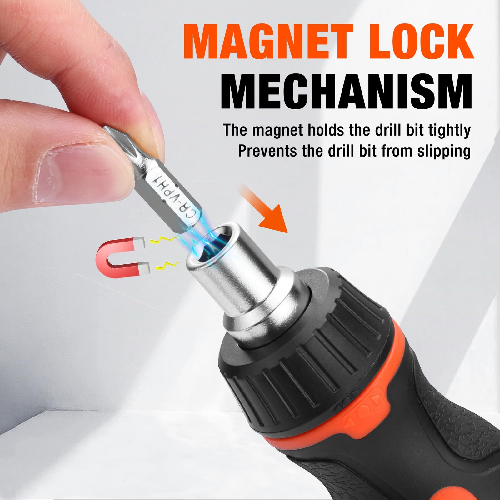 ValueMax 8-in-1 Stubby Ratcheting Screwdriver, Multi-bit Black & Orange