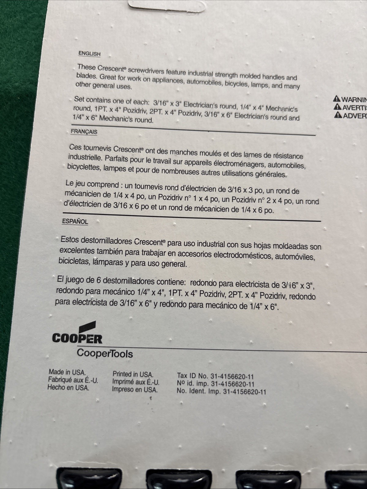 Cooper Tools Crescent 6pc Screwdriver Set -Slotted & Phillips (LCCP1006) USA