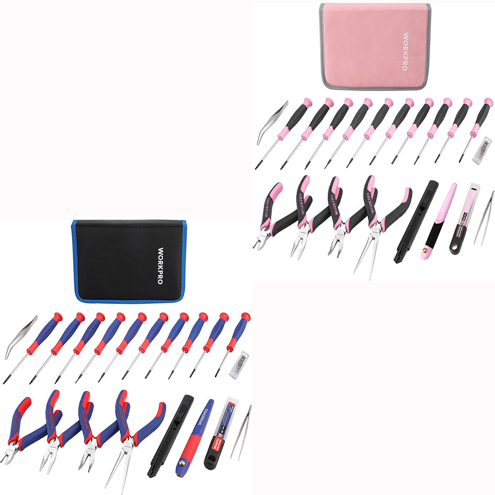 WORKPRO 33PCS Precision Repair Tool Set with Pouch Blue/Pink Pliers Set Tweezers