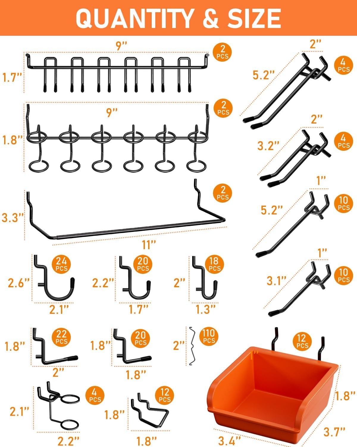 INCLY 276PCS Extra Thick 1/4″ Pegboard Accessories Organizer Black,Orange