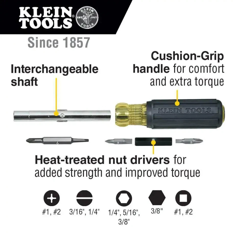 Klein Tools 32557 Multi-Bit Screwdriver / Nut Driver 10-in-1 Heavy Duty