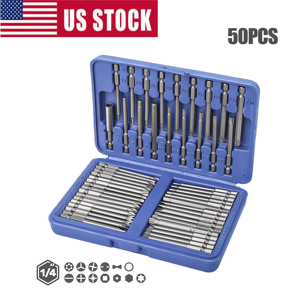 50Pcs Extra Long Security Bits Hex Torx Star Spline Flat Screwdriver Bit Box Set