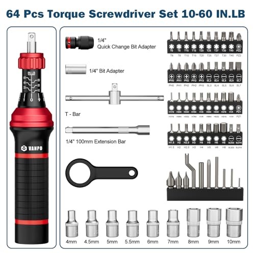 Torque Screwdriver Set, 10–60 in-lb, 64 Pcs 1/4″ Drive 10-60 in.lb 64 Pcs