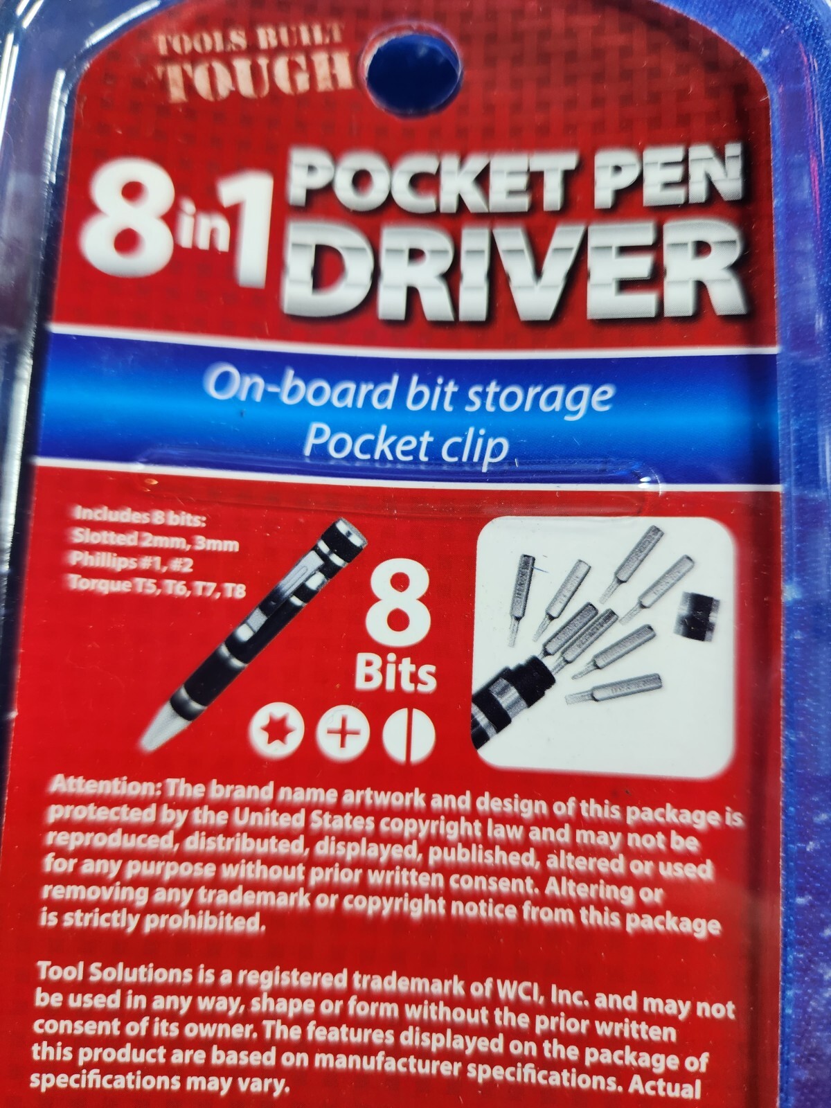 Tool Solutions 8 in 1 Pocket Pen Driver w/ 8 Bits:phillips, torque &slotted Blue
