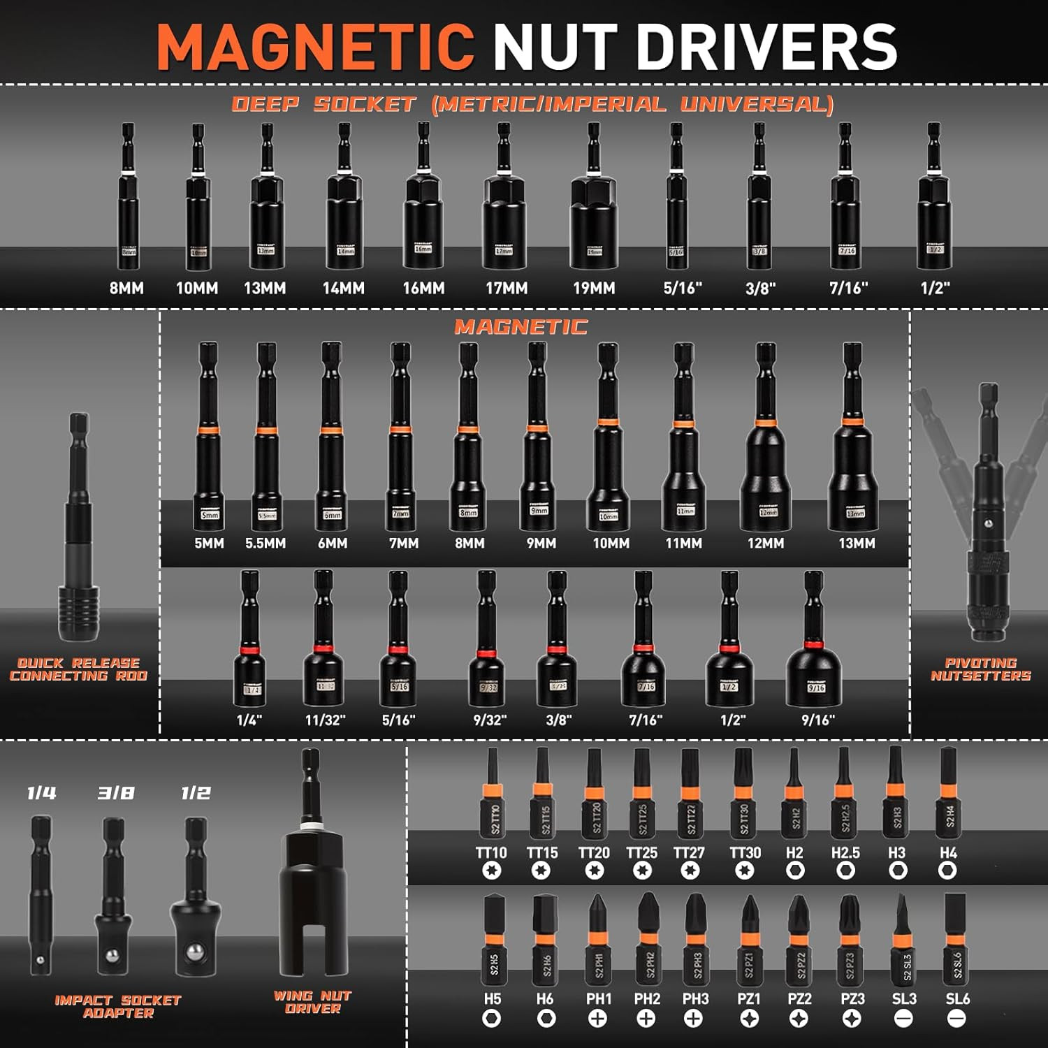 Magnetic Impact Nut Driver Set 55pc Deep SAE Metric Sockets Bits Cr-V Steel Tool